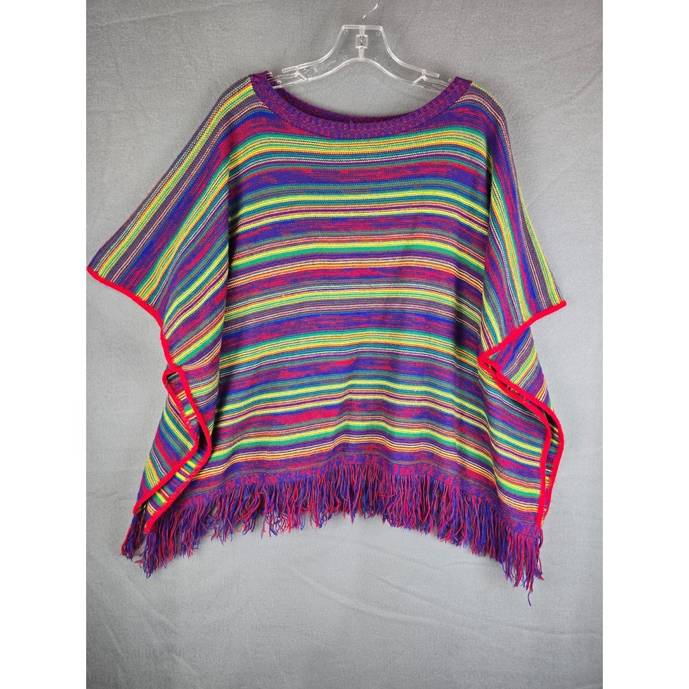 Etam Poncho Womens L Multicolor Striped Fringe Knit Vintage Boho Cape UK Made